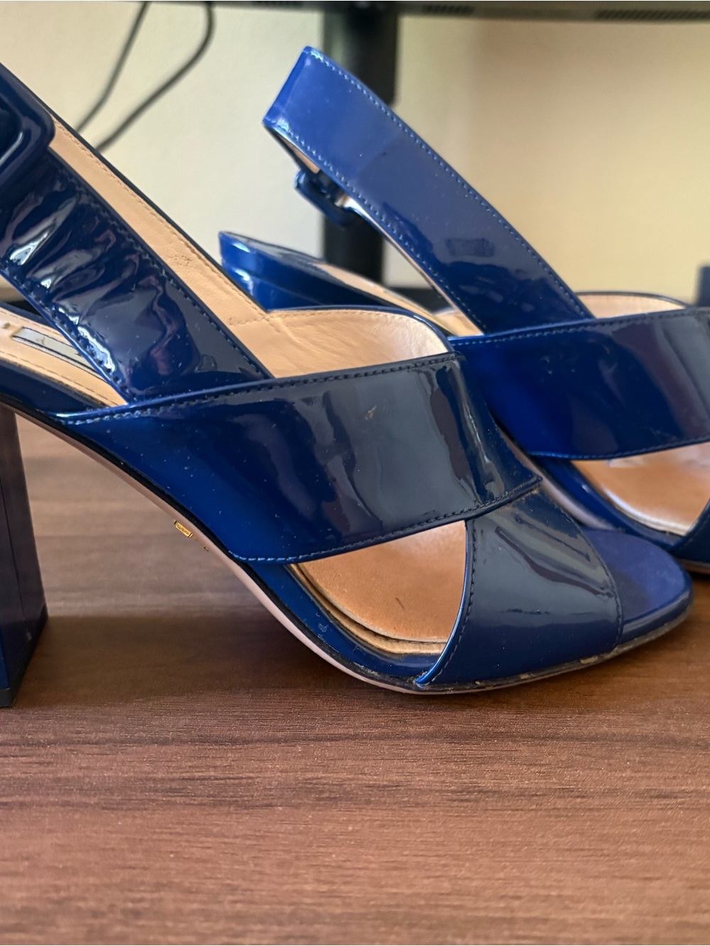 Prada Patent Cobalt Blue Slingback Block Heel Sandals